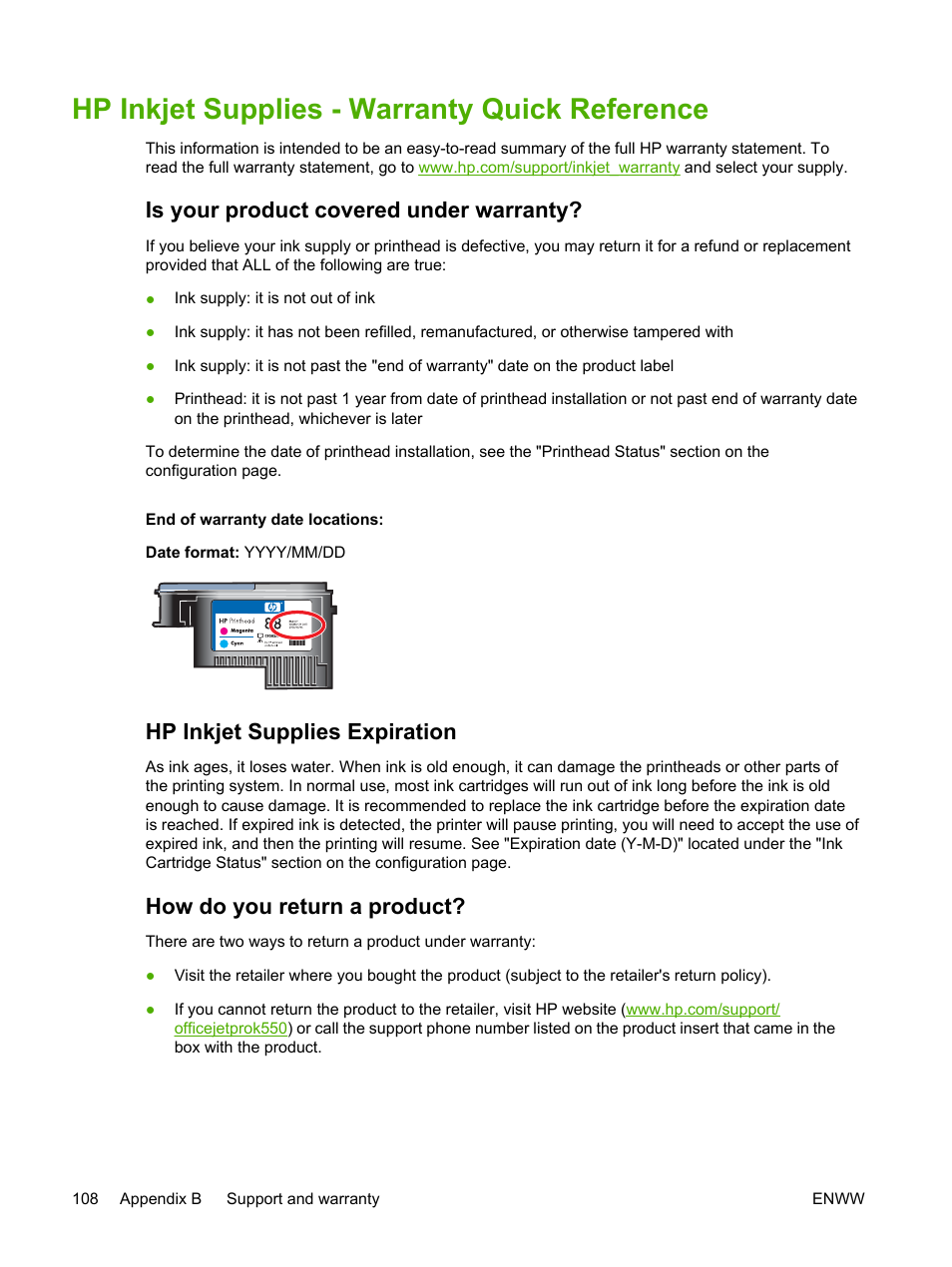 Hp inkjet supplies - warranty quick reference, Is your product covered under warranty, Hp inkjet supplies expiration | How do you return a product | HP Officejet Pro K550 Printer User Manual | Page 116 / 138