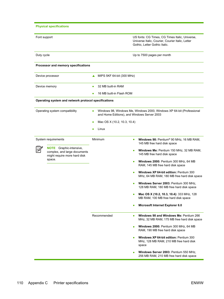 System, Requirements, Requirements. see | System requirements, 110 appendix c printer specifications enww | HP Officejet Pro K550 Printer User Manual | Page 118 / 138