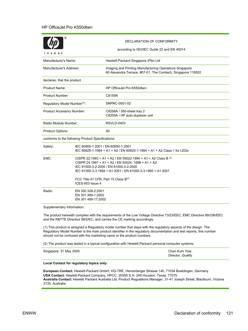 Hp officejet pro k550dtwn, Enww declaration of conformity 121 | HP Officejet Pro K550 Printer User Manual | Page 129 / 138