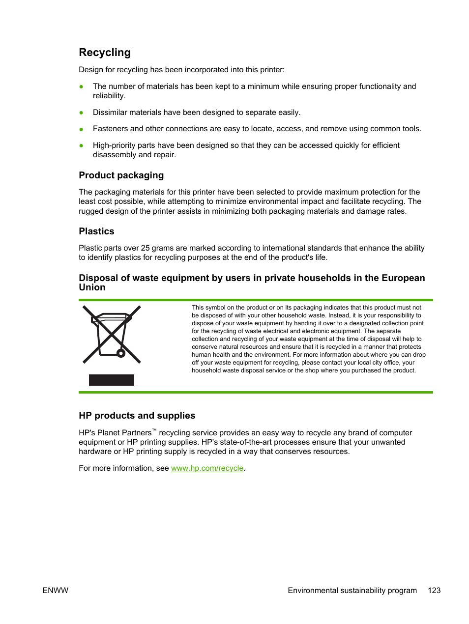 Recycling, Product packaging, Plastics | Hp products and supplies | HP Officejet Pro K550 Printer User Manual | Page 131 / 138