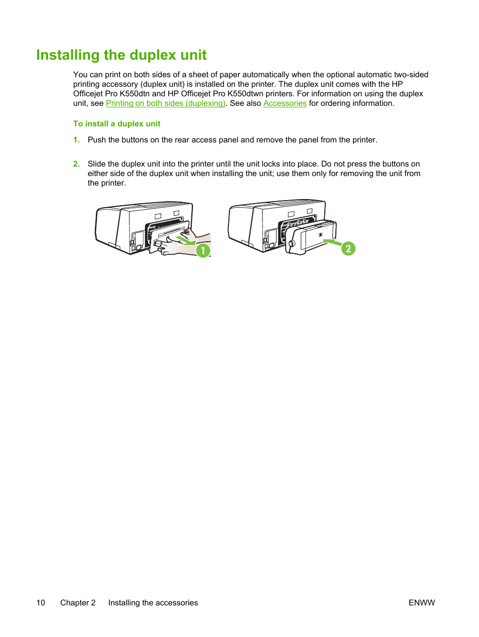 Installing the duplex unit | HP Officejet Pro K550 Printer User Manual | Page 18 / 138