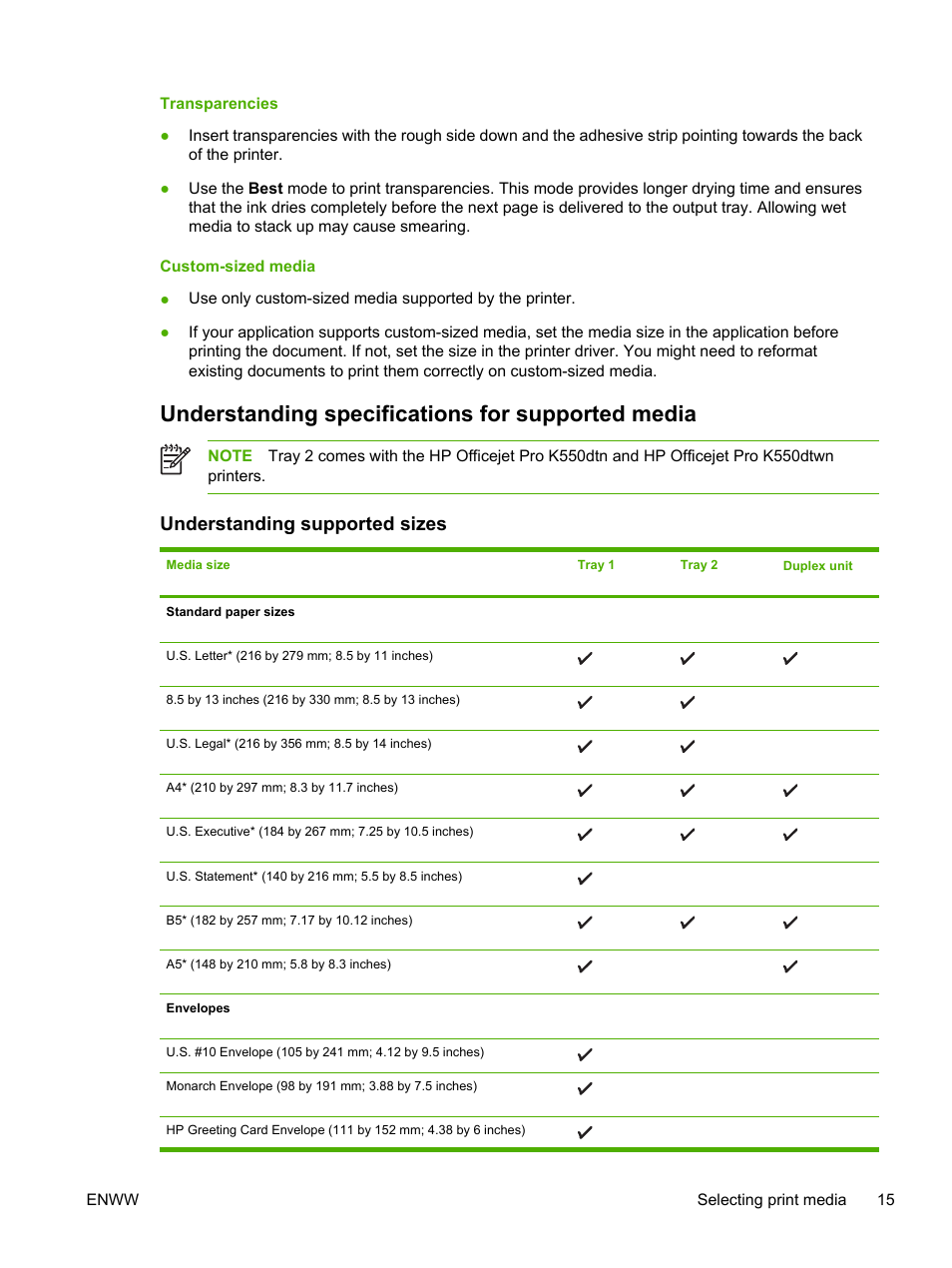 Understanding specifications for supported media, Understanding supported sizes, Understanding specifications | For supported media | HP Officejet Pro K550 Printer User Manual | Page 23 / 138