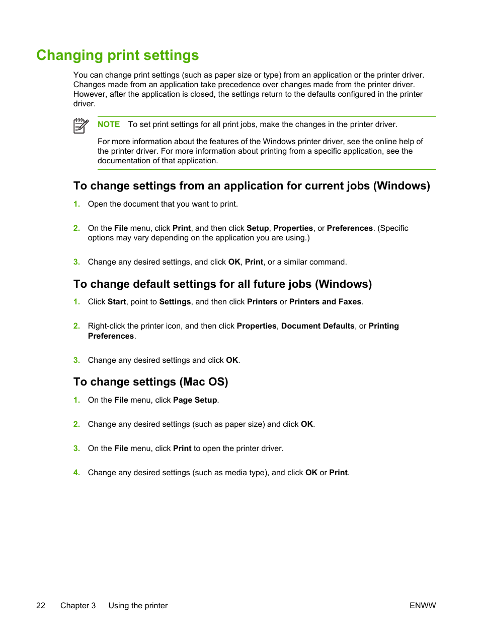 Changing print settings, To change settings (mac os) | HP Officejet Pro K550 Printer User Manual | Page 30 / 138