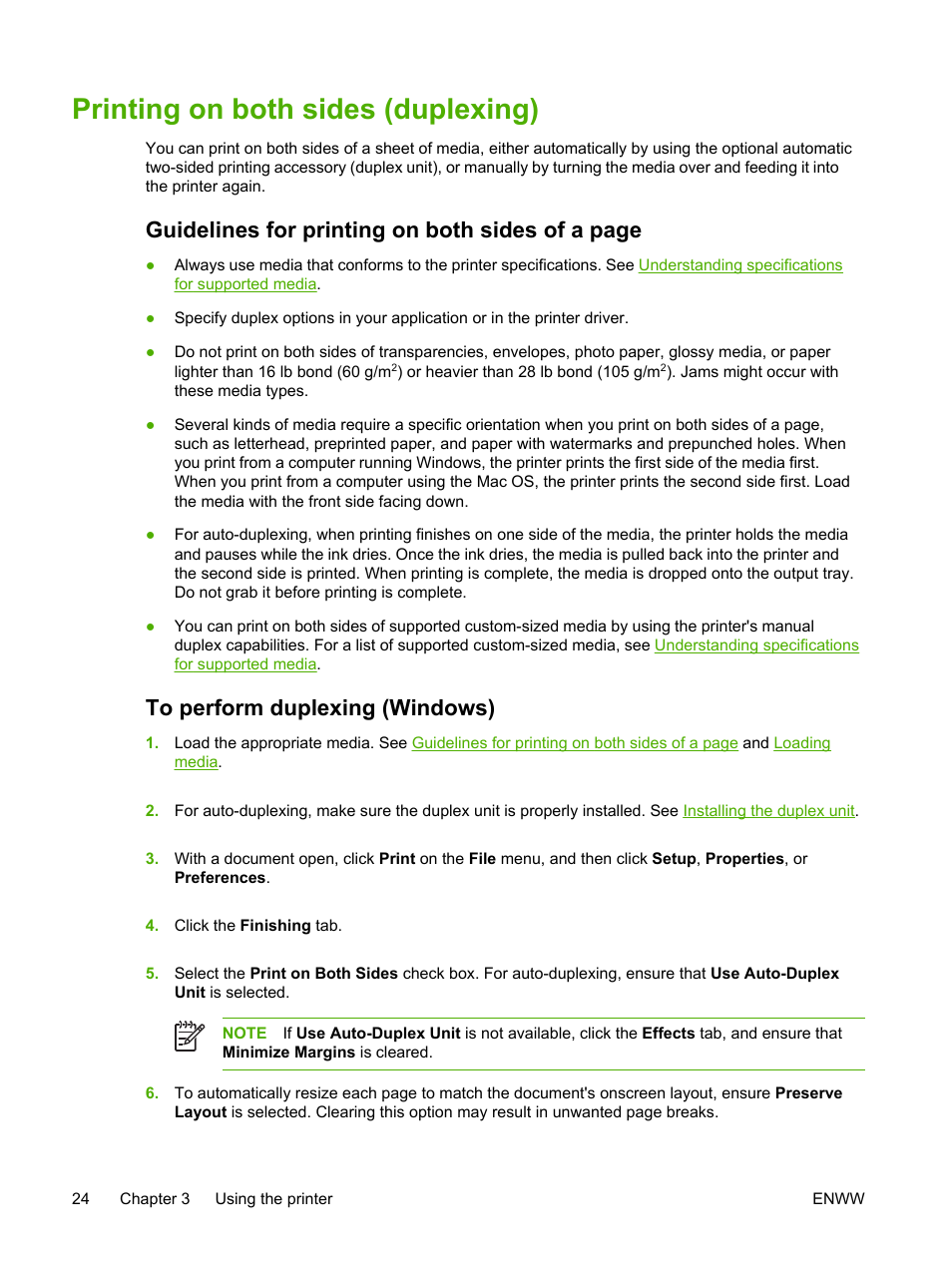 Printing on both sides (duplexing), To perform duplexing (windows), Guidelines for printing on both sides of a page | HP Officejet Pro K550 Printer User Manual | Page 32 / 138