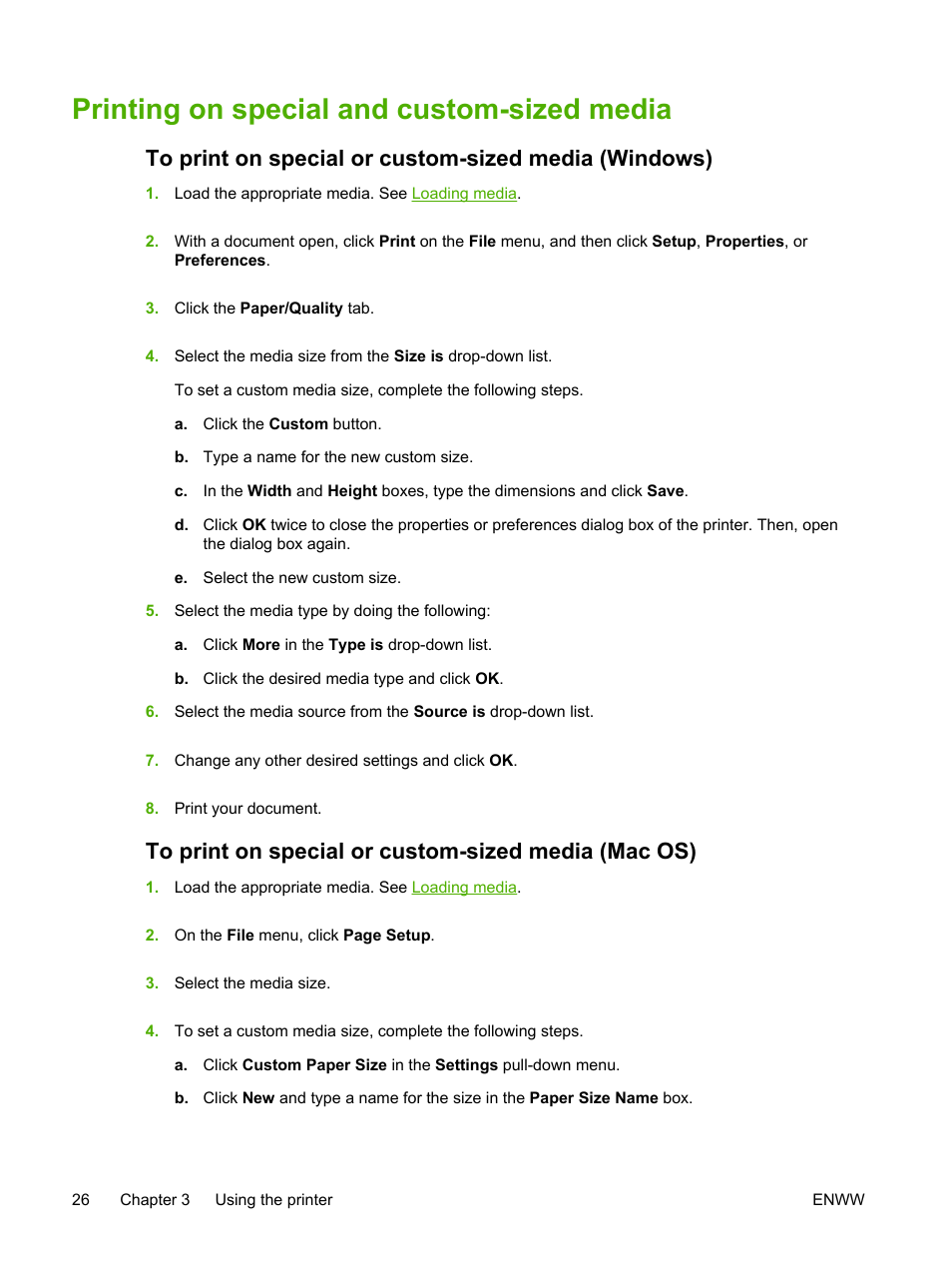 Printing on special and custom-sized media, To print on special or custom-sized media (mac os) | HP Officejet Pro K550 Printer User Manual | Page 34 / 138