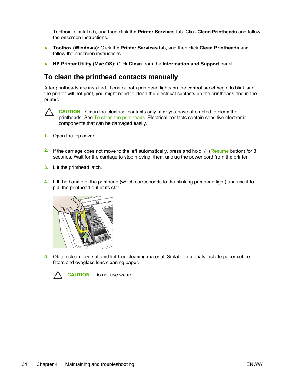 To clean the printhead contacts manually, Printhead contacts. see | HP Officejet Pro K550 Printer User Manual | Page 42 / 138