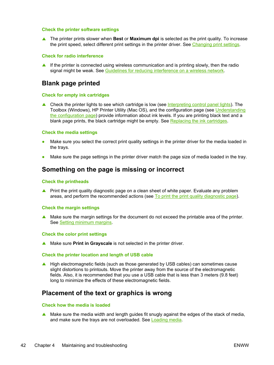 Placement of the text or graphics is wrong, Blank page printed, Something on the page is missing or incorrect | HP Officejet Pro K550 Printer User Manual | Page 50 / 138