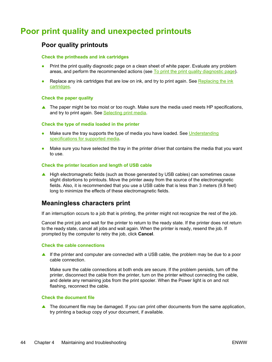 Poor print quality and unexpected printouts, Poor quality printouts, Meaningless characters print | HP Officejet Pro K550 Printer User Manual | Page 52 / 138