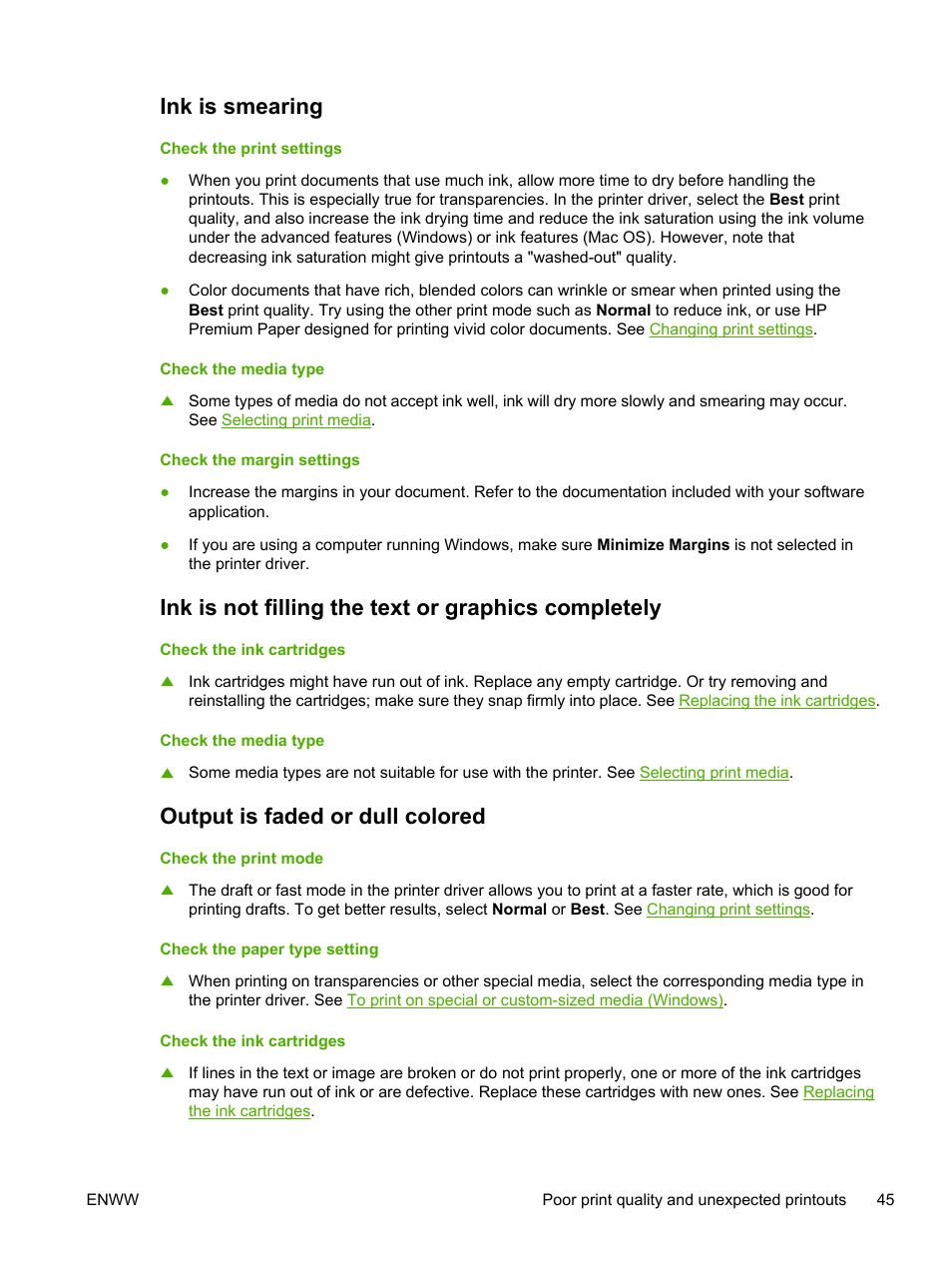 Ink is smearing, Ink is not filling the text or graphics completely, Output is faded or dull colored | HP Officejet Pro K550 Printer User Manual | Page 53 / 138