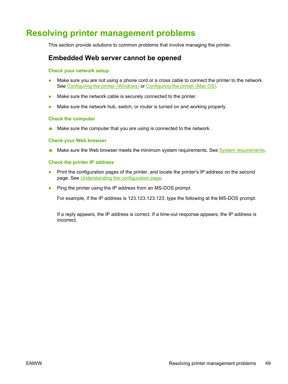 Resolving printer management problems, Embedded web server cannot be opened | HP Officejet Pro K550 Printer User Manual | Page 57 / 138