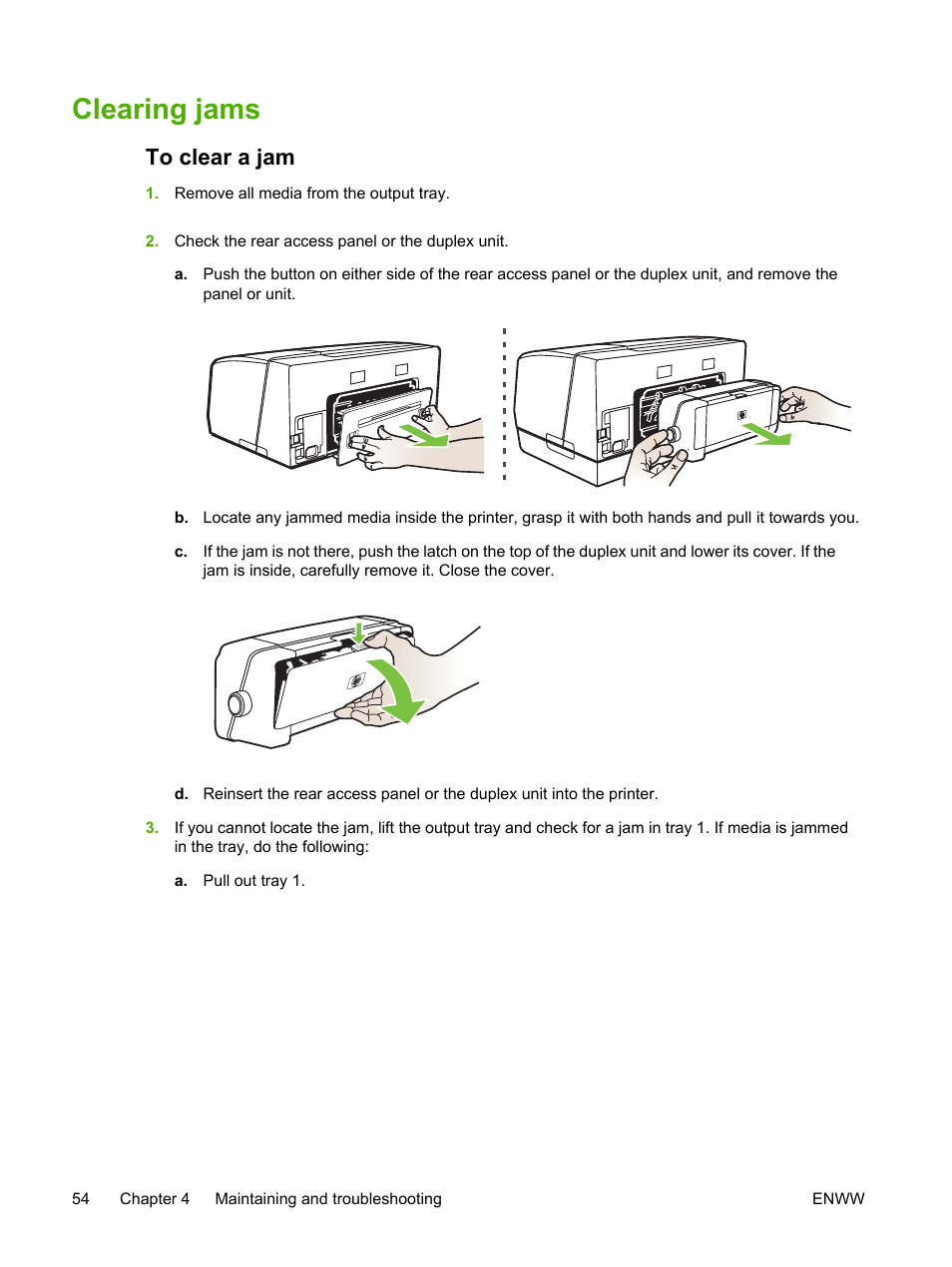 Clearing jams, To clear a jam, Jams, see | HP Officejet Pro K550 Printer User Manual | Page 62 / 138