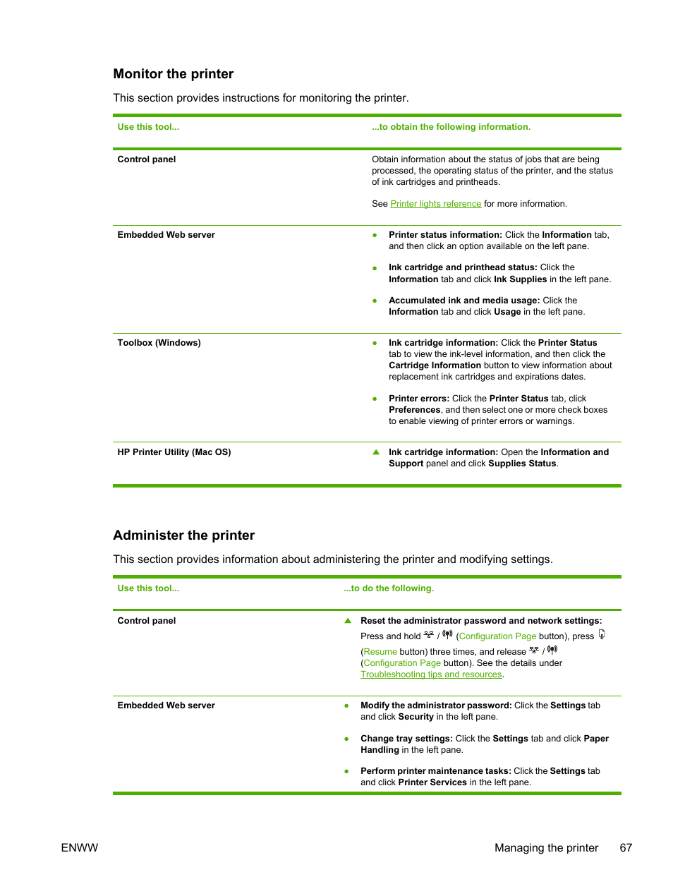 Monitor the printer, Administer the printer, Monitor the printer administer the printer | HP Officejet Pro K550 Printer User Manual | Page 75 / 138