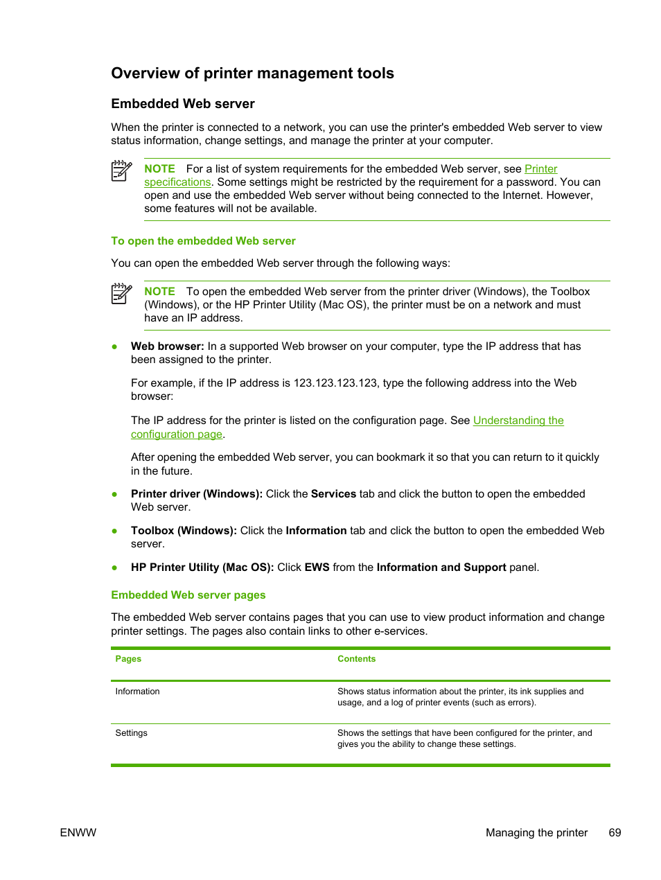 Overview of printer management tools, Embedded web server, To open the embedded web server | About using these tools, see, Overview of printer, Management tools, To open the embedded web, Server, Server. see | HP Officejet Pro K550 Printer User Manual | Page 77 / 138