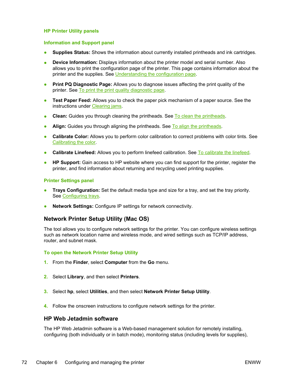 Hp printer utility panels, Network printer setup utility (mac os), Hp web jetadmin software | HP Officejet Pro K550 Printer User Manual | Page 80 / 138