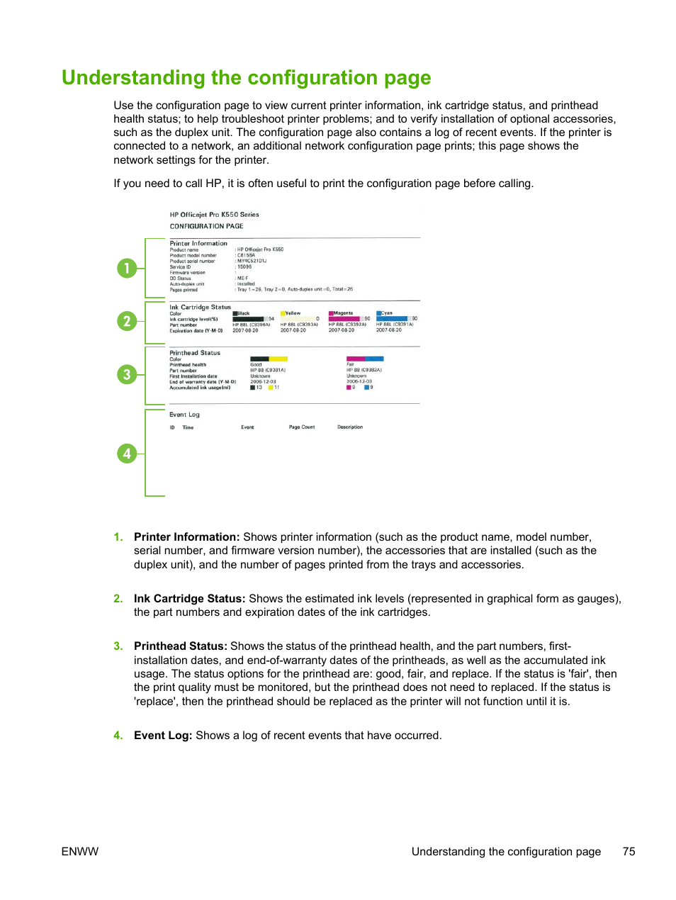 Understanding the configuration, Printhead health section. see, Understanding | Provide information, And note, Understanding the, Printer and the supplies. see, Understanding the configuration page | HP Officejet Pro K550 Printer User Manual | Page 83 / 138