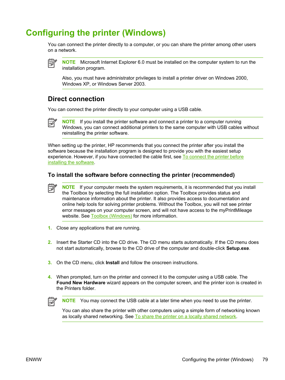 Configuring the printer (windows), Direct connection, About network connections, see | HP Officejet Pro K550 Printer User Manual | Page 87 / 138