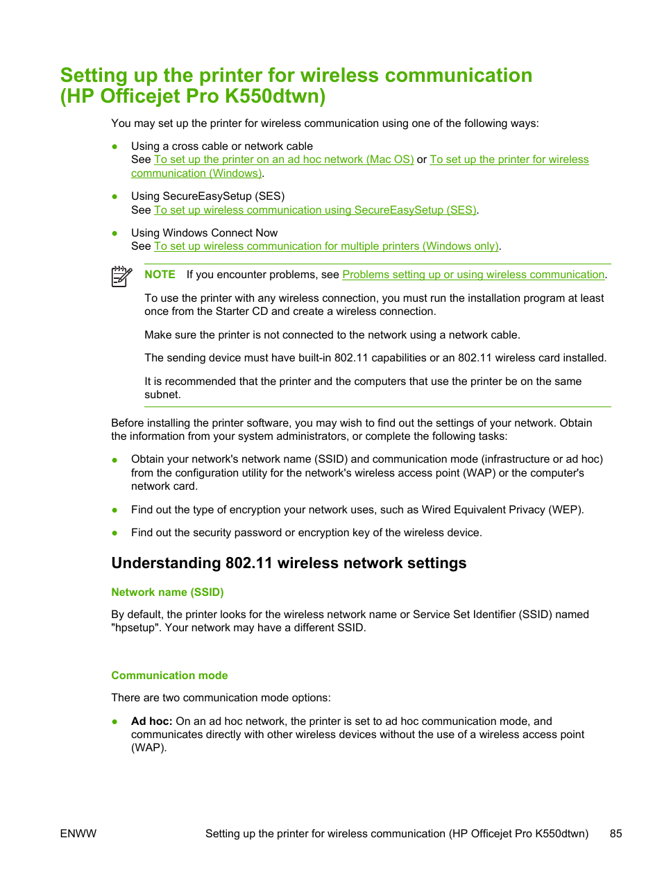 Understanding 802.11 wireless network settings, Encryption. see, Understanding 802.11 | Wireless network settings | HP Officejet Pro K550 Printer User Manual | Page 93 / 138