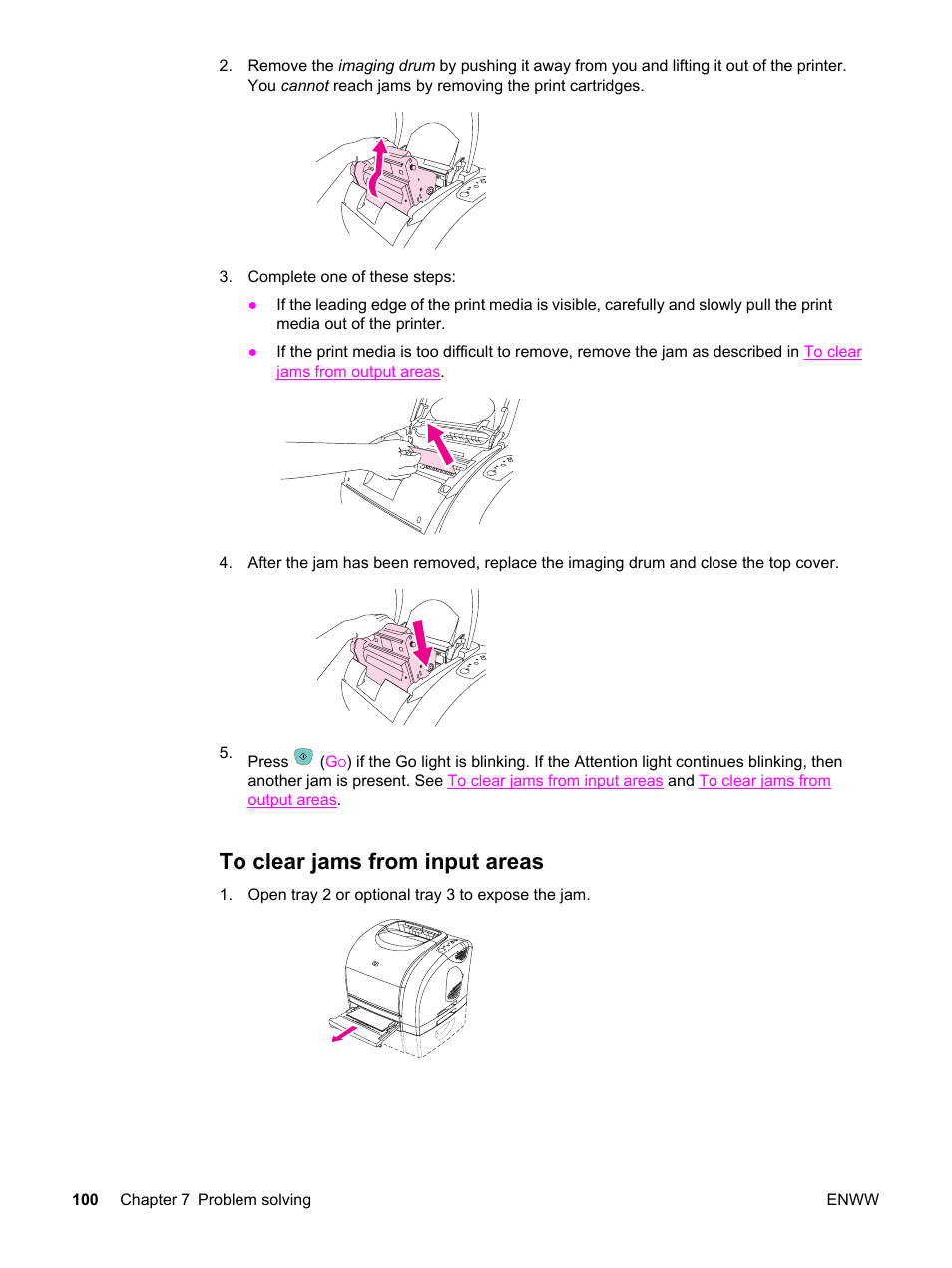 To clear jams from input areas | HP Color LaserJet 2550 Printer series User Manual | Page 110 / 176