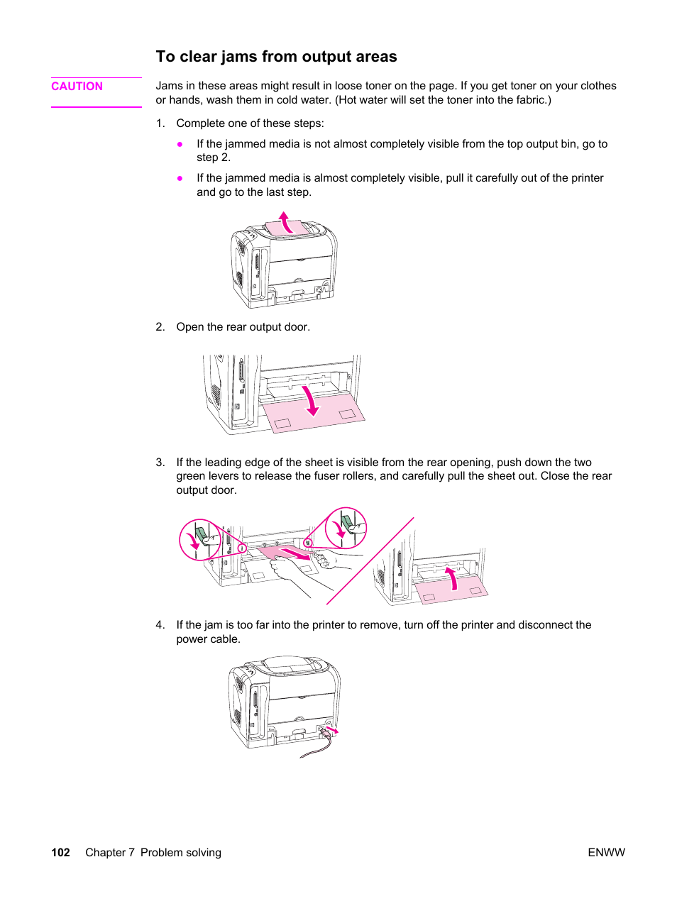 To clear jams from output areas, To clear, Jams from output areas | To clear jams from, Output areas | HP Color LaserJet 2550 Printer series User Manual | Page 112 / 176