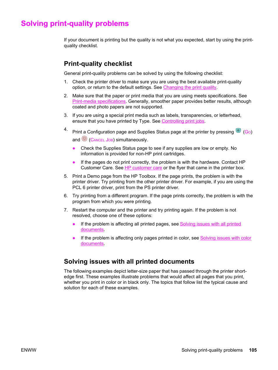 Solving print-quality problems, Print-quality checklist, Solving issues with all printed documents | HP Color LaserJet 2550 Printer series User Manual | Page 115 / 176