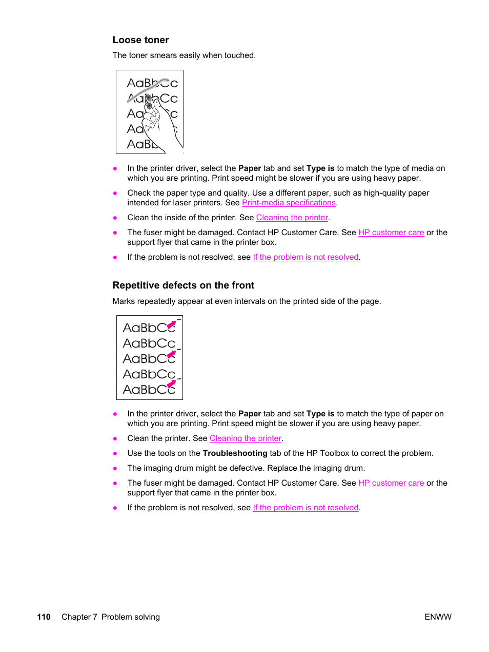 Loose toner, Repetitive defects on the front | HP Color LaserJet 2550 Printer series User Manual | Page 120 / 176
