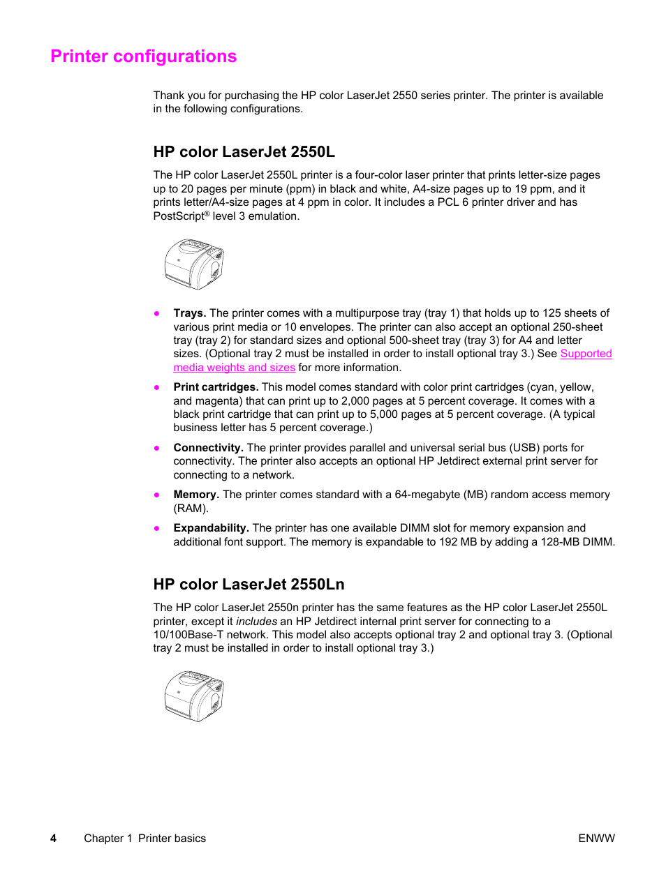 Printer configurations, Hp color laserjet 2550l, Hp color laserjet 2550ln | Hp color laserjet 2550l hp color laserjet 2550ln | HP Color LaserJet 2550 Printer series User Manual | Page 14 / 176
