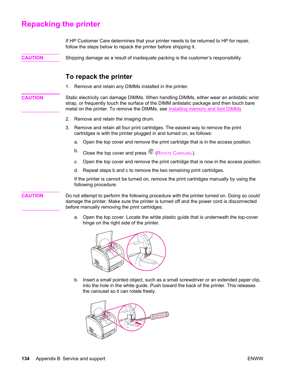 Repacking the printer, To repack the printer | HP Color LaserJet 2550 Printer series User Manual | Page 144 / 176