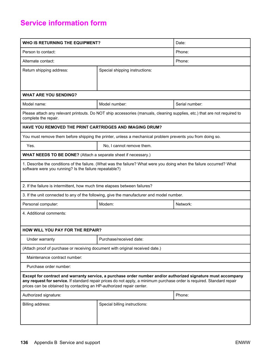 Service information form | HP Color LaserJet 2550 Printer series User Manual | Page 146 / 176