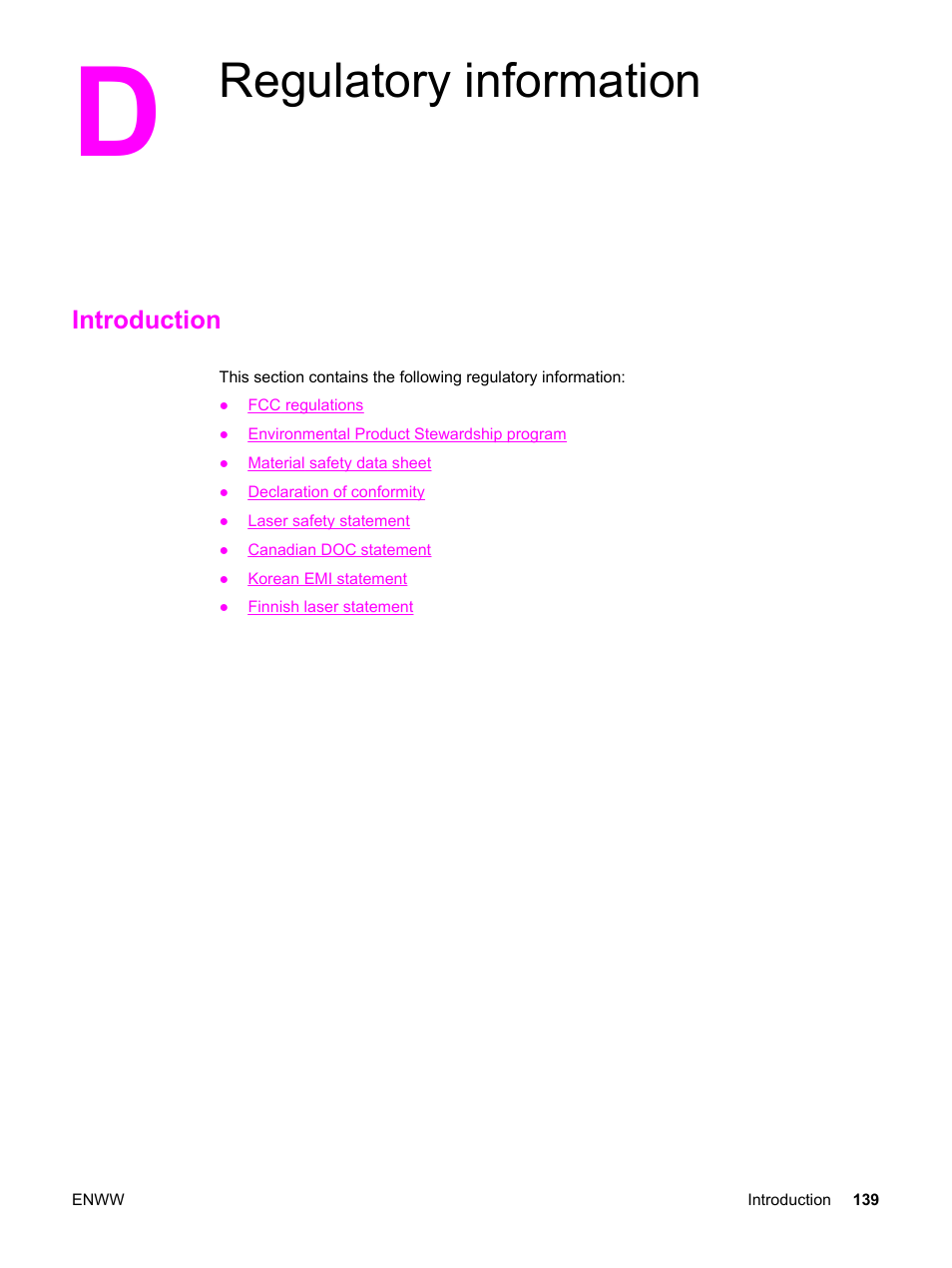 Regulatory information, Introduction, Appendix d regulatory information | HP Color LaserJet 2550 Printer series User Manual | Page 149 / 176