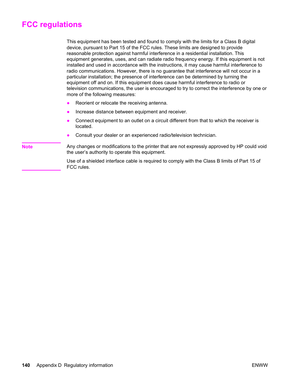 Fcc regulations | HP Color LaserJet 2550 Printer series User Manual | Page 150 / 176
