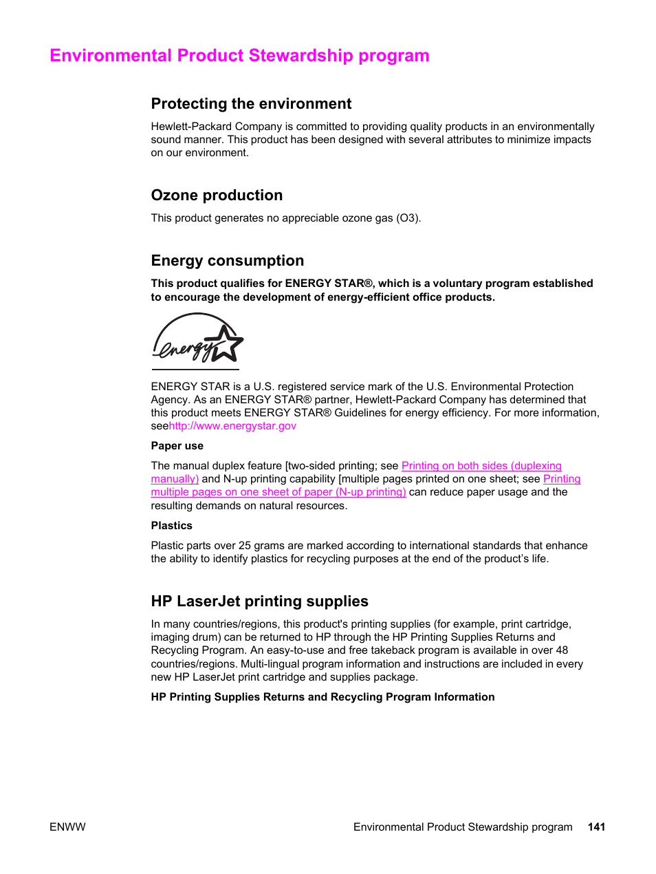 Environmental product stewardship program, Protecting the environment, Ozone production | Energy consumption, Hp laserjet printing supplies, Supply item. see, Laserjet printing supplies | HP Color LaserJet 2550 Printer series User Manual | Page 151 / 176