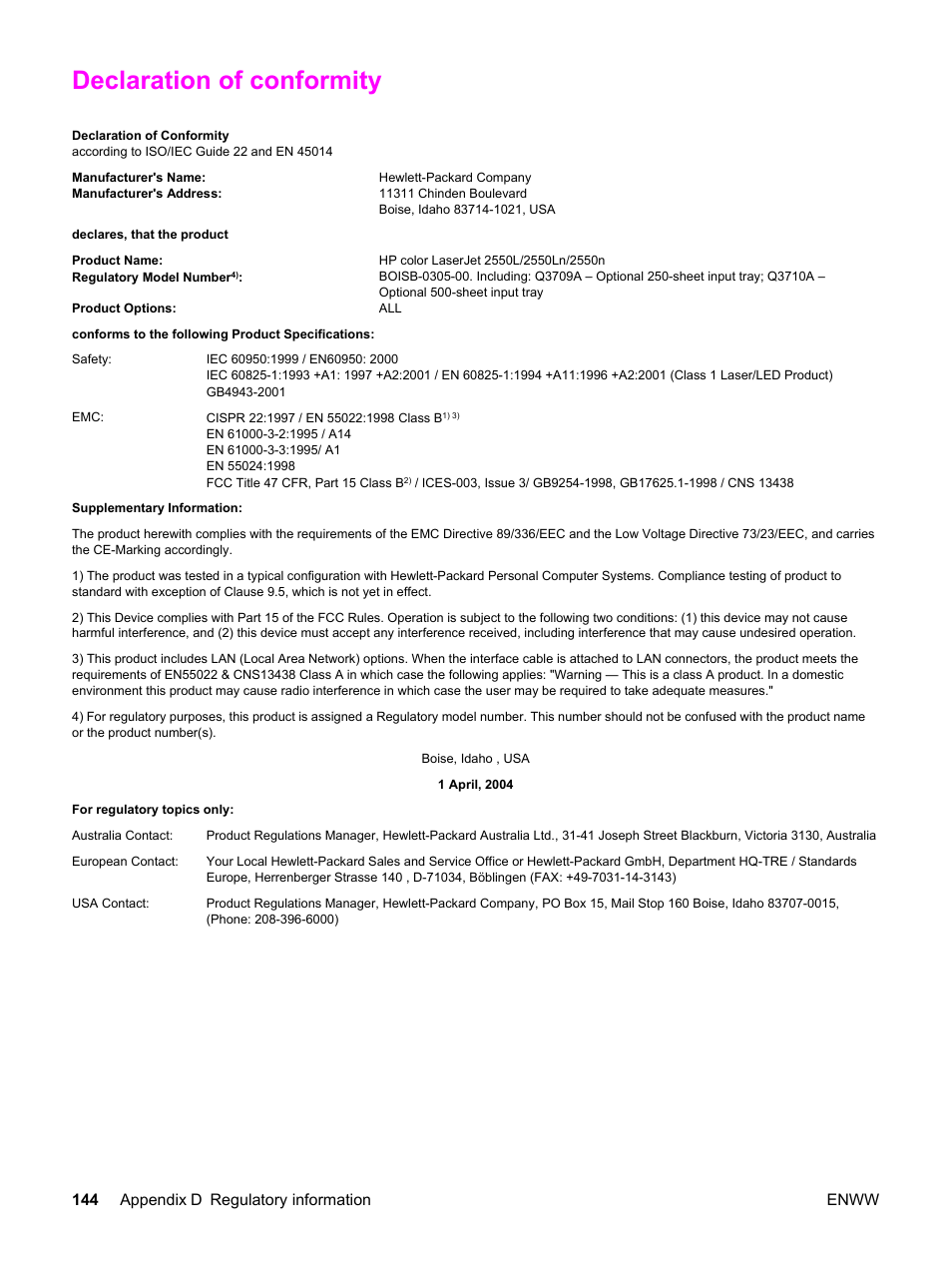 Declaration of conformity, 144 appendix d regulatory information enww | HP Color LaserJet 2550 Printer series User Manual | Page 154 / 176
