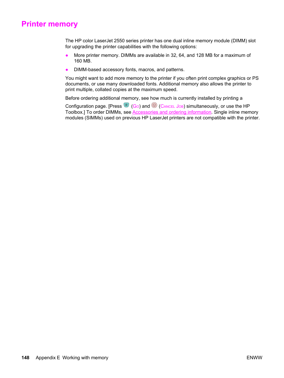 Printer memory | HP Color LaserJet 2550 Printer series User Manual | Page 158 / 176