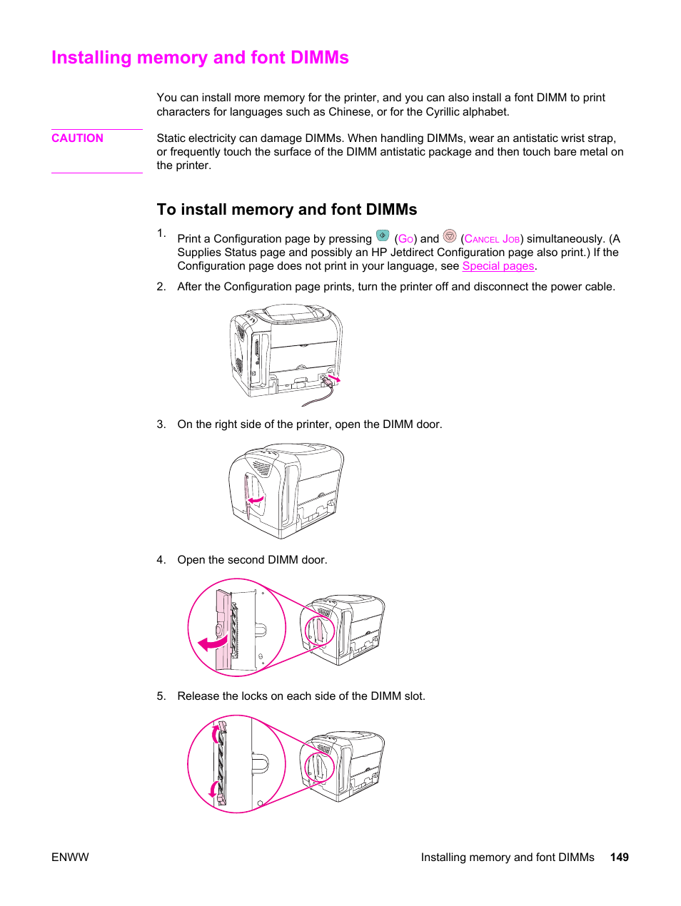 Installing memory and font dimms, To install memory and font dimms | HP Color LaserJet 2550 Printer series User Manual | Page 159 / 176