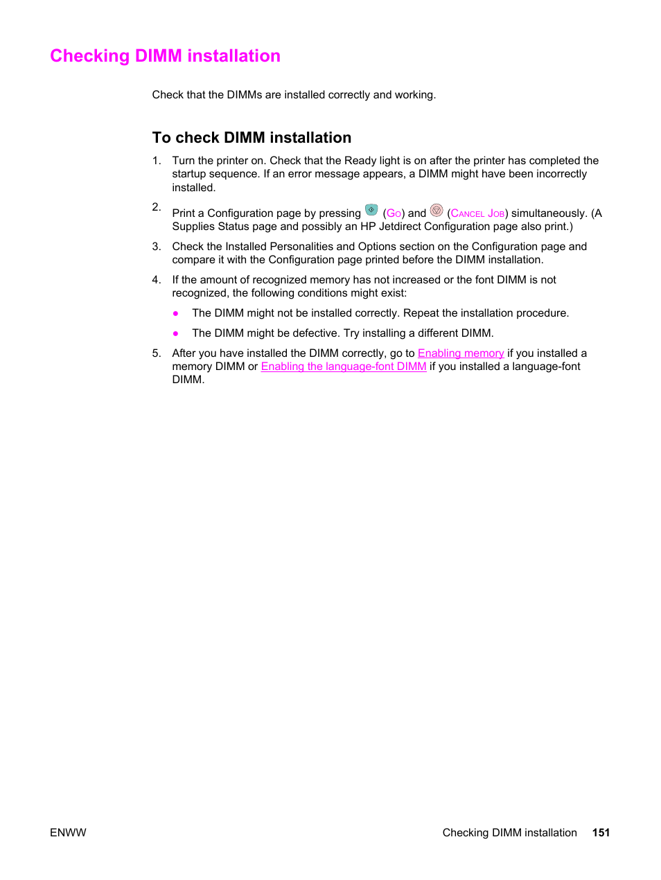 Checking dimm installation, To check dimm installation | HP Color LaserJet 2550 Printer series User Manual | Page 161 / 176