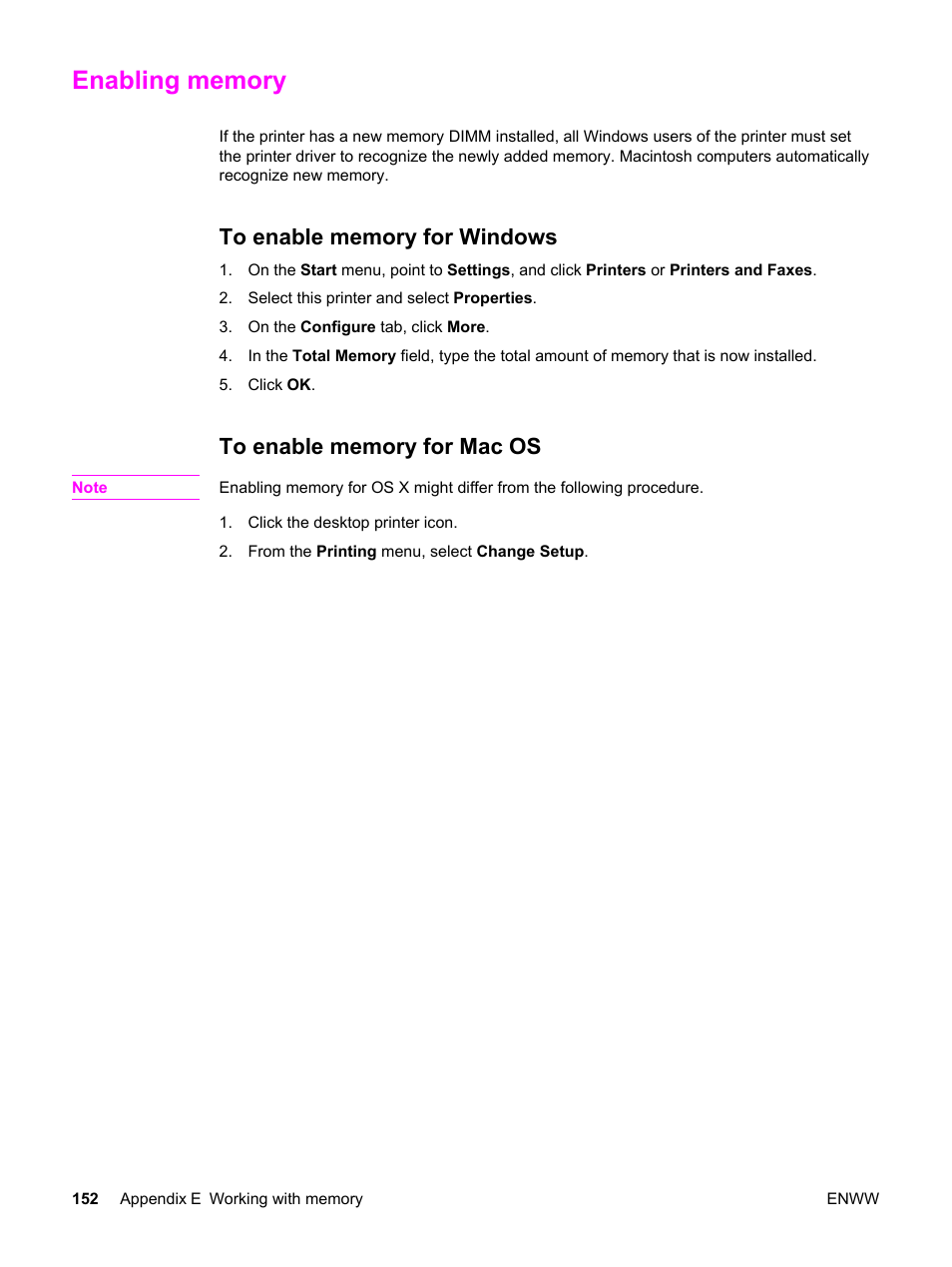 Enabling memory, To enable memory for windows, To enable memory for mac os | Enabling, Memory, Go to | HP Color LaserJet 2550 Printer series User Manual | Page 162 / 176