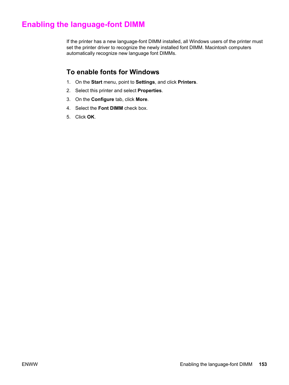 Enabling the language-font dimm, To enable fonts for windows | HP Color LaserJet 2550 Printer series User Manual | Page 163 / 176