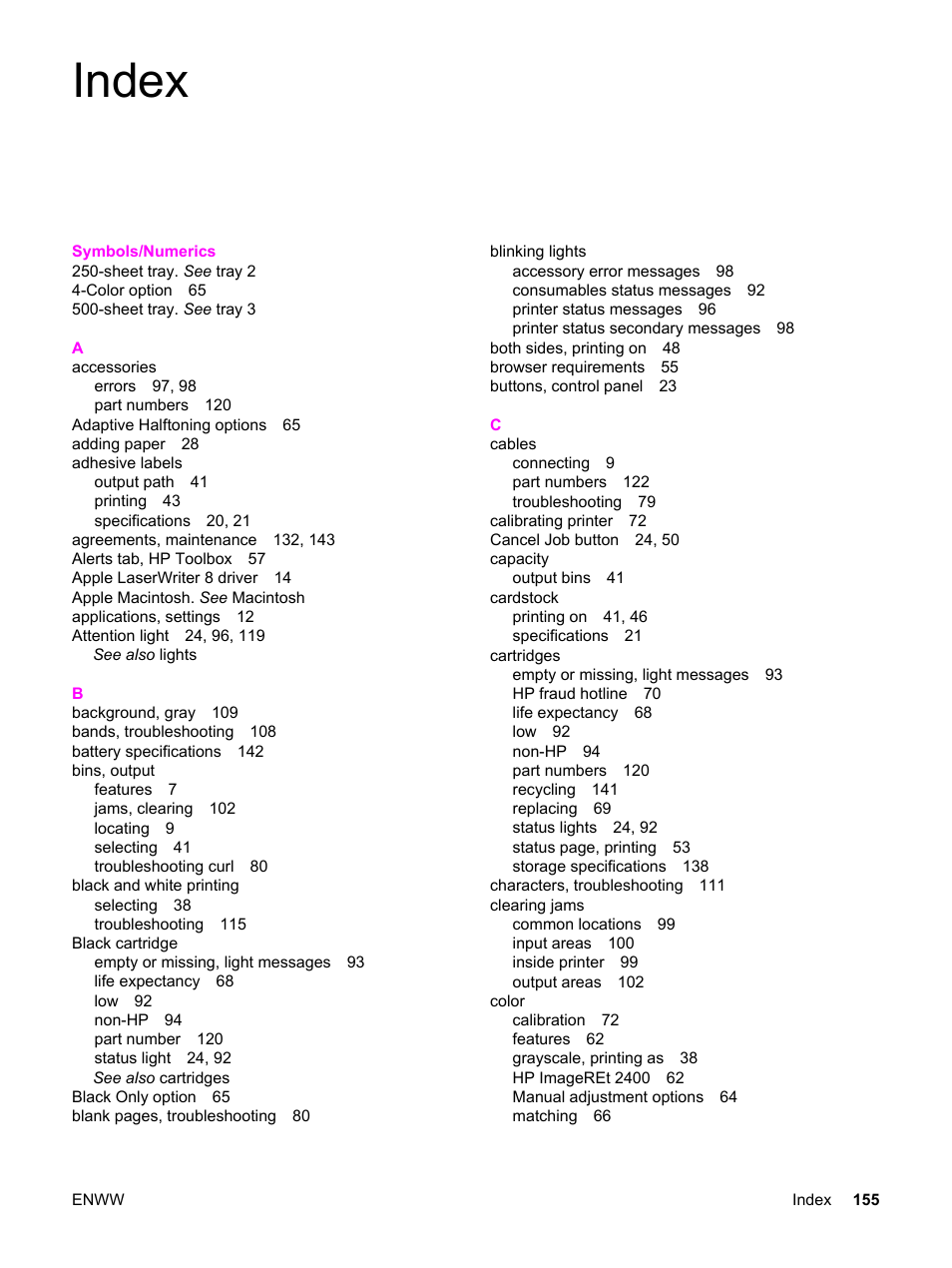 Index | HP Color LaserJet 2550 Printer series User Manual | Page 165 / 176