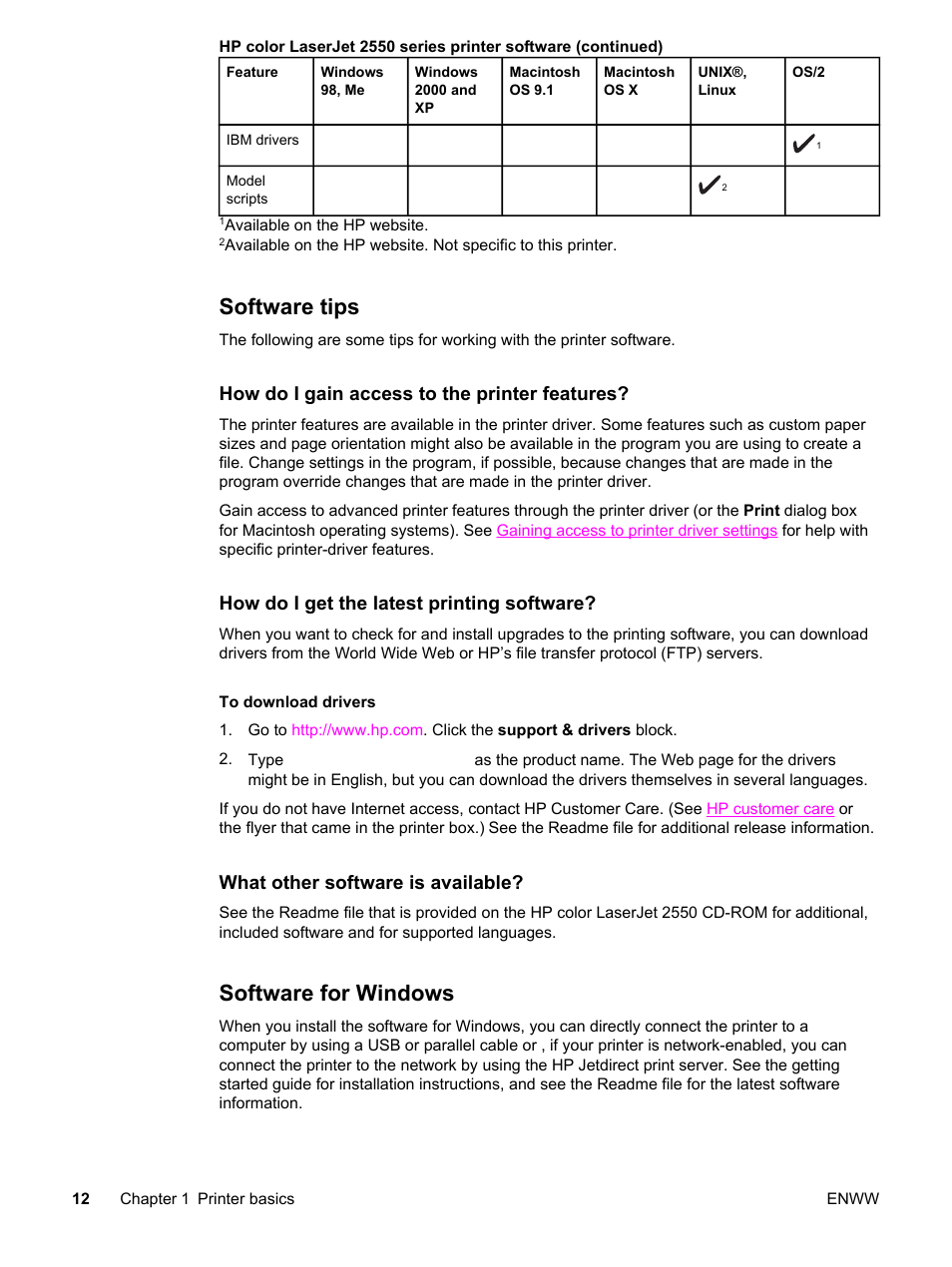 Software tips, Software for windows, Software tips software for windows | How do i gain access to the printer features, How do i get the latest printing software, What other software is available | HP Color LaserJet 2550 Printer series User Manual | Page 22 / 176