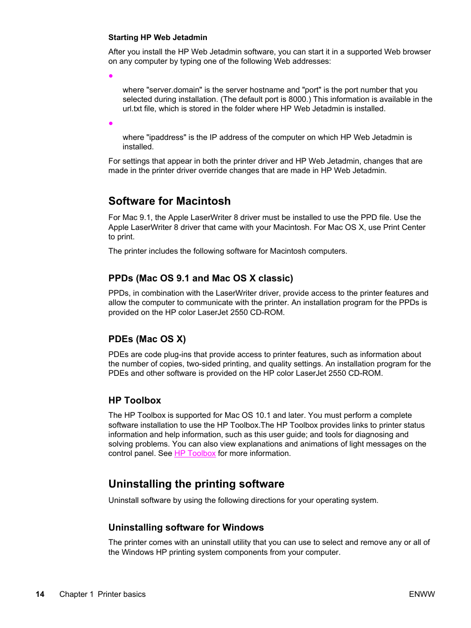 Software for macintosh, Uninstalling the printing software | HP Color LaserJet 2550 Printer series User Manual | Page 24 / 176