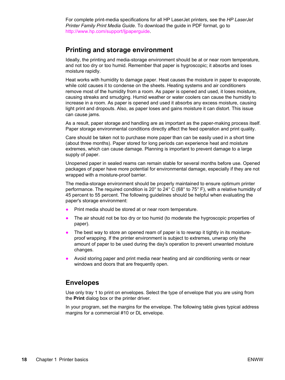 Printing and storage environment, Envelopes, Printing and storage environment envelopes | HP Color LaserJet 2550 Printer series User Manual | Page 28 / 176