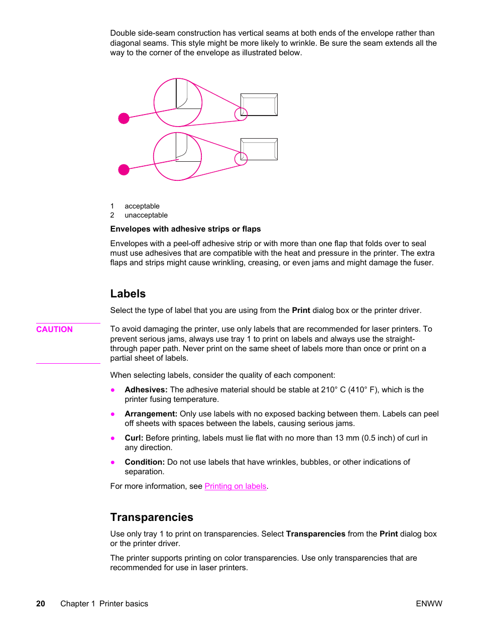 Labels, Transparencies, Labels transparencies | HP Color LaserJet 2550 Printer series User Manual | Page 30 / 176