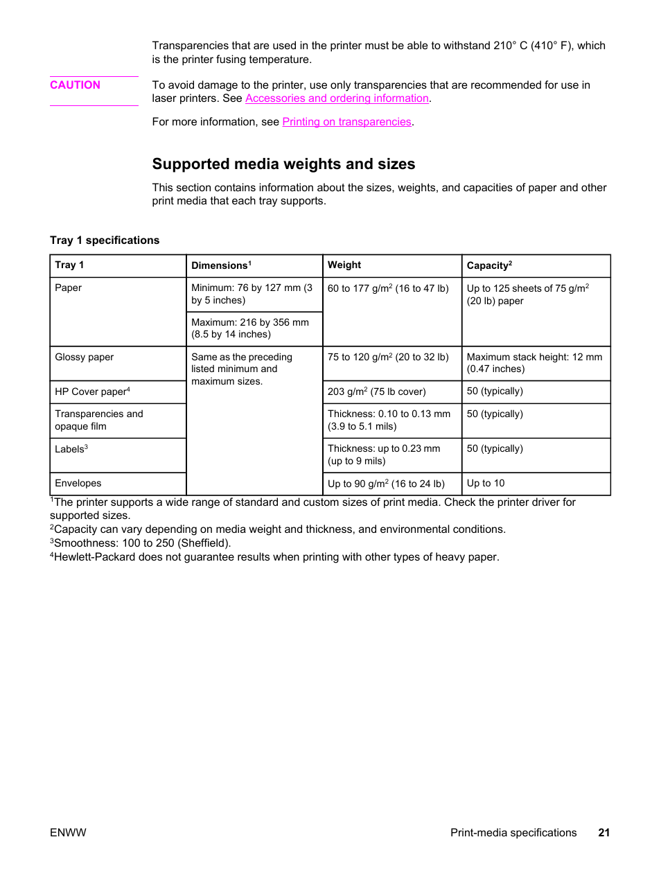Supported media weights and sizes | HP Color LaserJet 2550 Printer series User Manual | Page 31 / 176