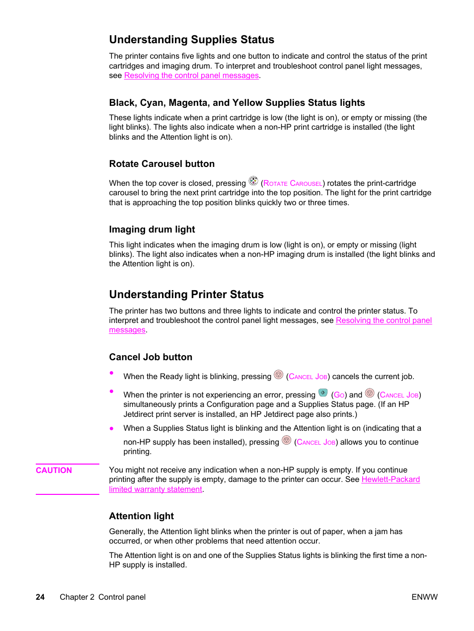 Understanding supplies status, Understanding printer status | HP Color LaserJet 2550 Printer series User Manual | Page 34 / 176