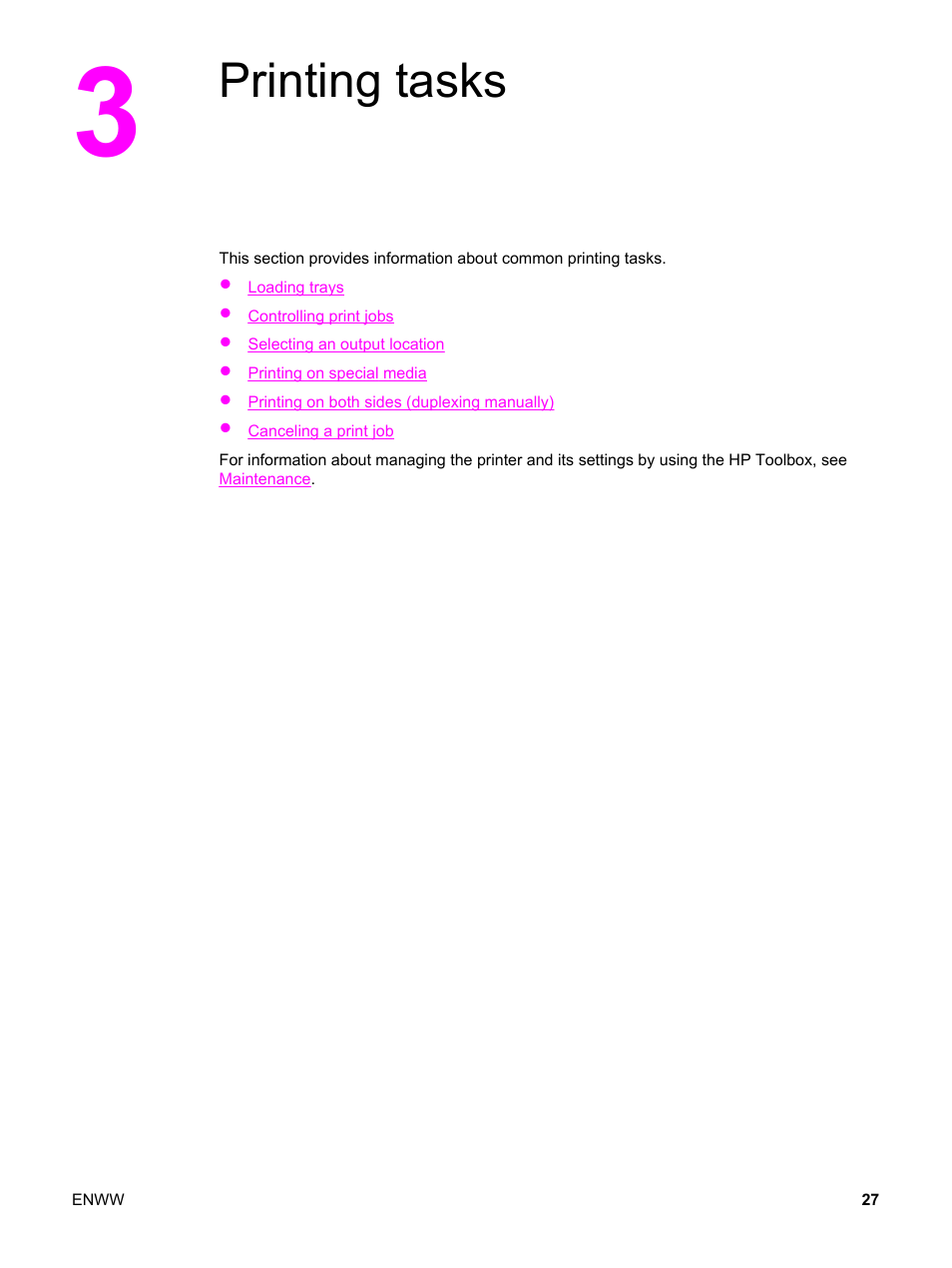 Printing tasks, 3 printing tasks | HP Color LaserJet 2550 Printer series User Manual | Page 37 / 176