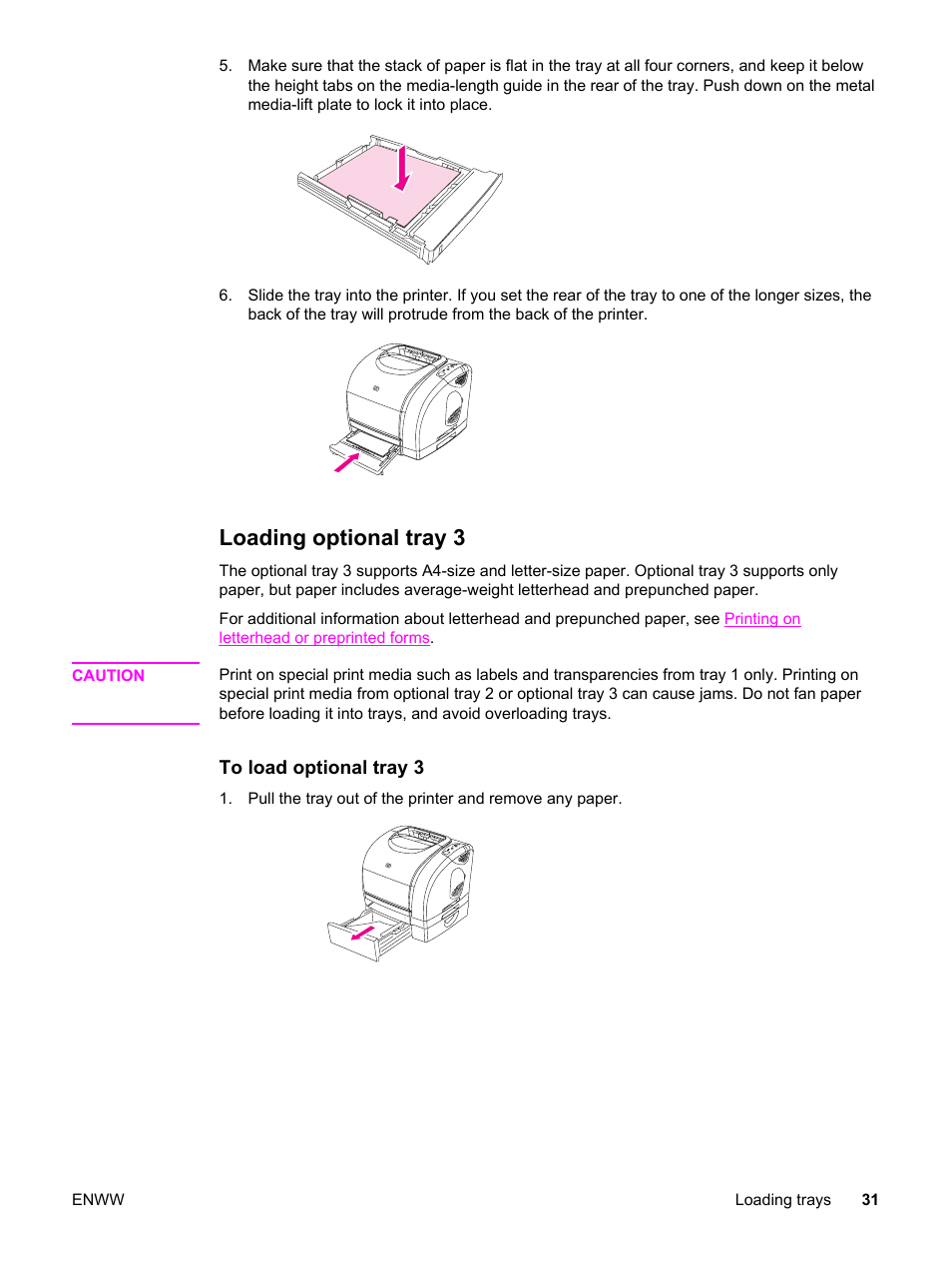 Loading optional tray 3 | HP Color LaserJet 2550 Printer series User Manual | Page 41 / 176