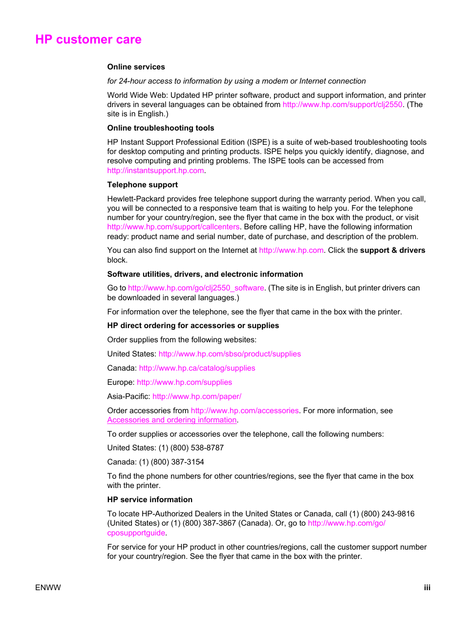 Hp customer care | HP Color LaserJet 2550 Printer series User Manual | Page 5 / 176