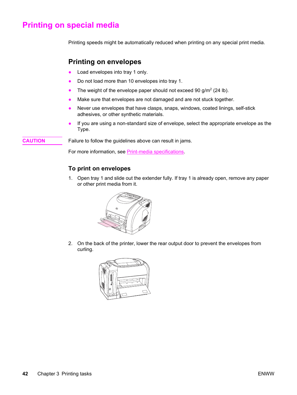 Printing on special media, Printing on envelopes | HP Color LaserJet 2550 Printer series User Manual | Page 52 / 176