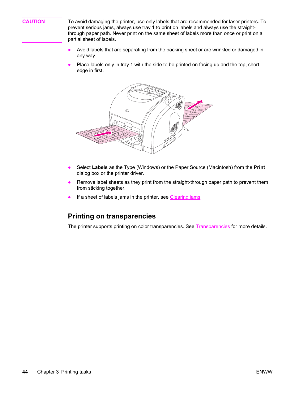 Printing on transparencies, For more information, see | HP Color LaserJet 2550 Printer series User Manual | Page 54 / 176