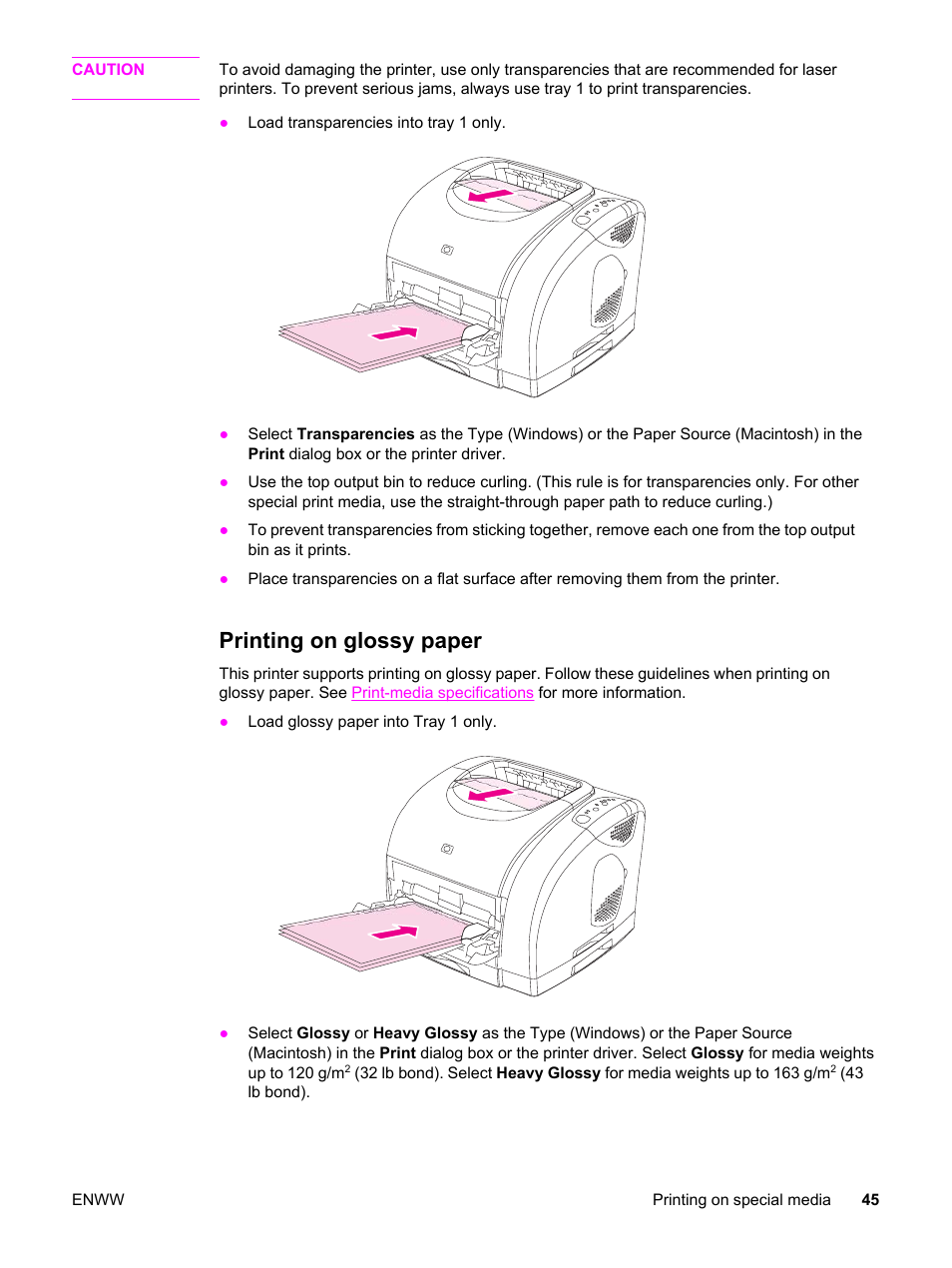 Printing on glossy paper | HP Color LaserJet 2550 Printer series User Manual | Page 55 / 176